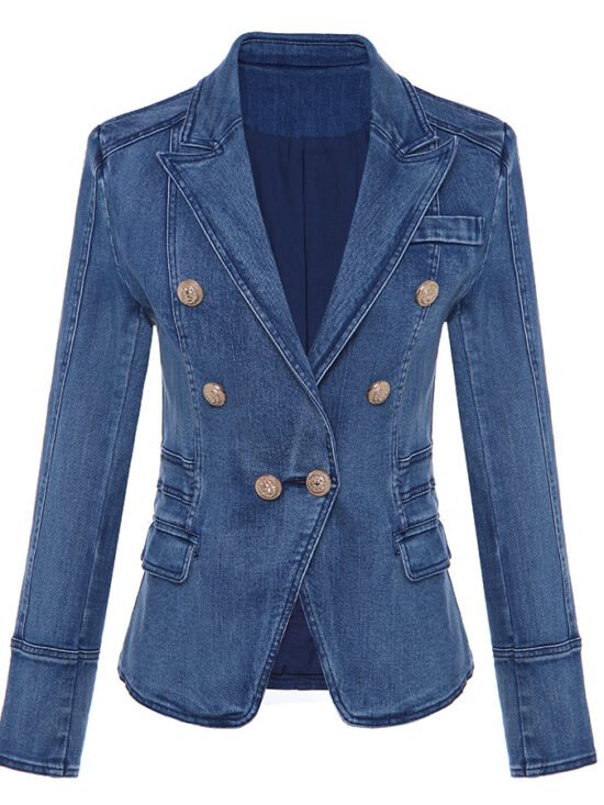 Elegant Double-Breasted Lion Button Denim Jacket