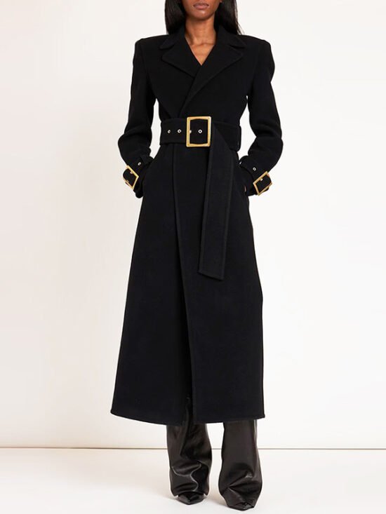 Trendy Black Long Woolen Coat With Belt