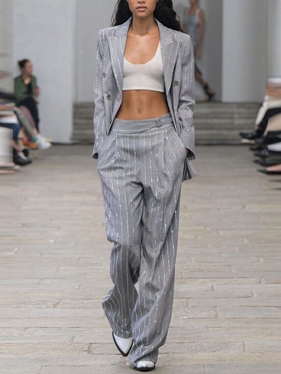 Gray Double-Breasted Blazer Pantsuit Set