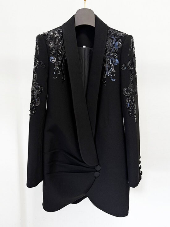 Embroidered Pearl Detail Blazer Dress Elegant Fashion