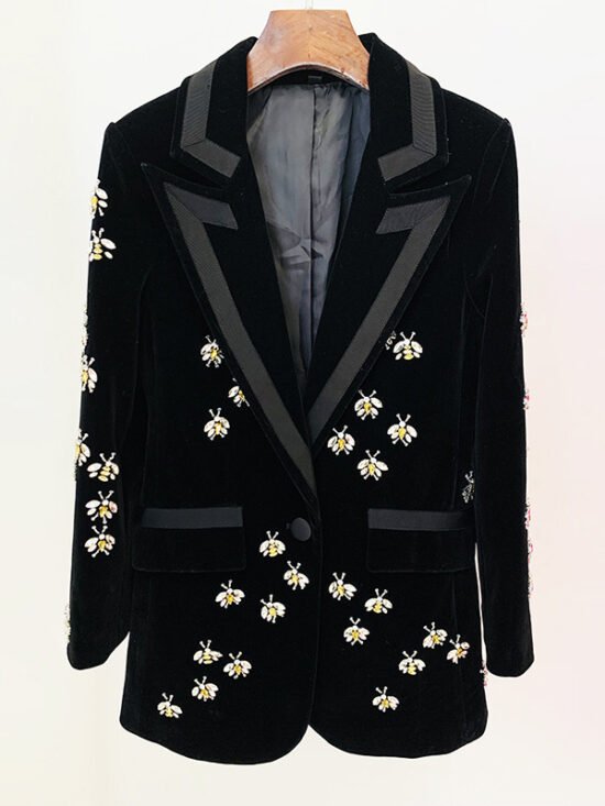 Stylish Fitted Bee Embellished Velvet Blazer