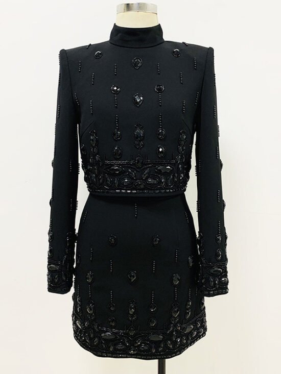 Fashionable Pearl Beaded Rhinestone Short-Sleeve Top And Skirt Set
