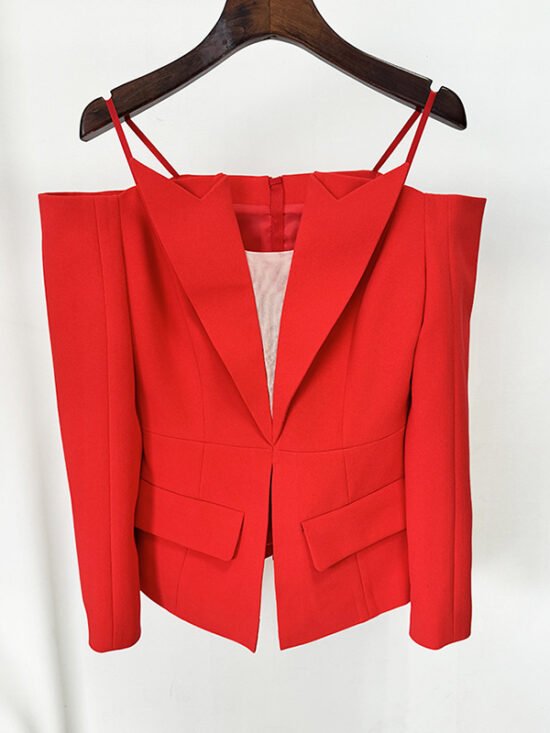 Fashionable Asymmetrical Zip Blazer With Off-The-Shoulder Design