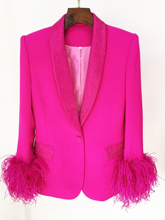 Luxury Ostrich Feather Trimmed Blazer With Rhinestones