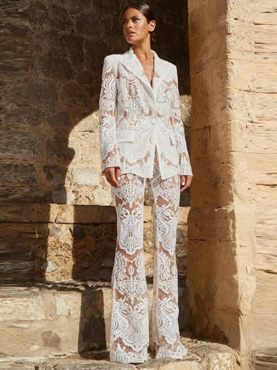 Elegant Embroidered Sequin Blazer And Trousers Set