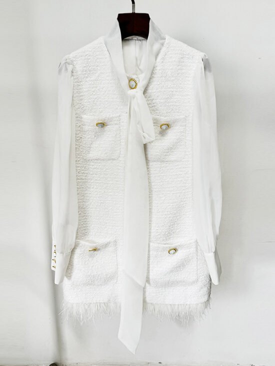 Chic Feather Hem Chiffon Dress With Boucle Paneling