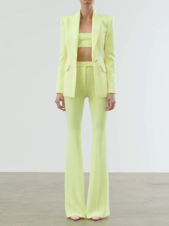 Fashionable Blazer And Flare Pant Set In Soft Yellow