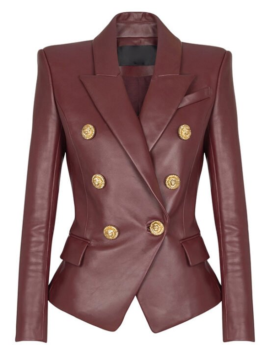 Burgundy Pu Leather Blazer Elegant Chic Jacket