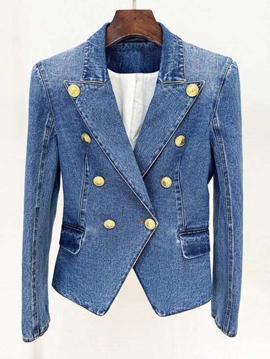 Trendy Tailored Double-Breasted Denim Blazer