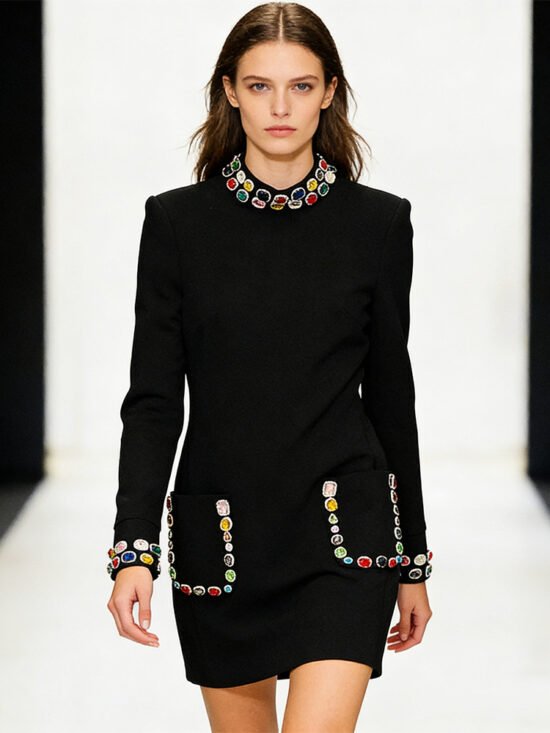 Fashionable Long Sleeve Beaded Dress With Colorful Gems