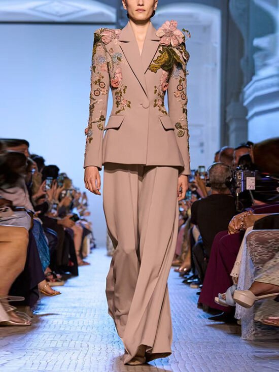 Fashionable Beaded Floral Jacket And Wide-Leg Pant Set