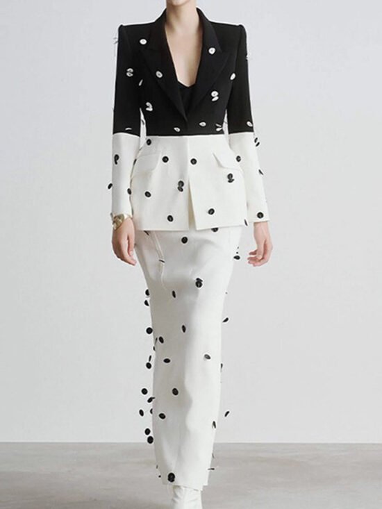 New Color-Blocked Sequined Blazer And Mermaid Skirt Set