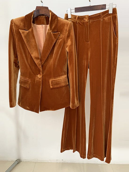 Women'S Fashionable Velvet Blazer And Flared Pants Set