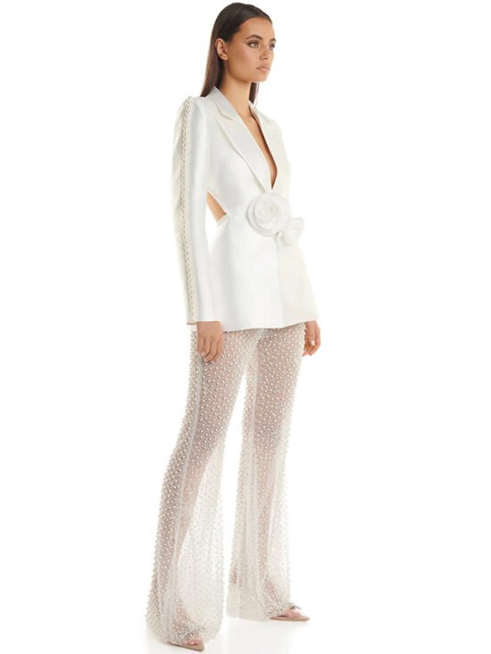 Trendy Hollow Floral Beaded Blazer Pants Set
