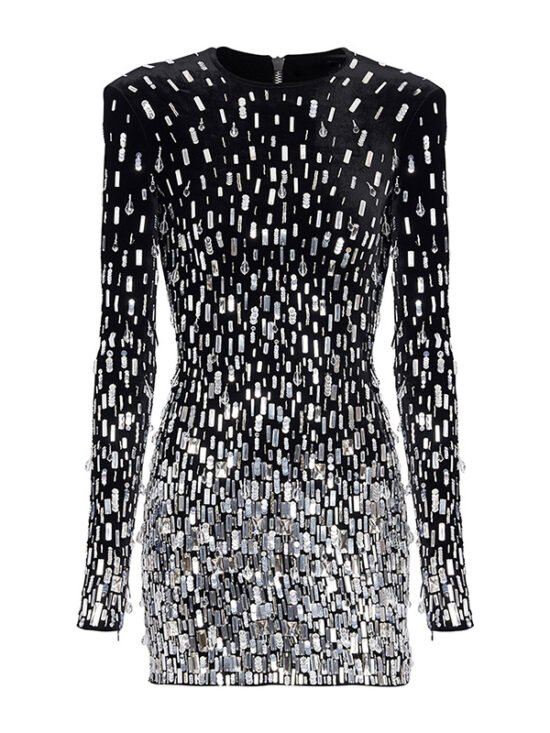 Elegant Black Velvet Sequin Long Sleeve Dress