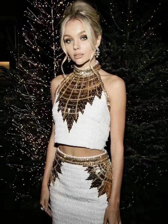 Fashionable Beaded Sequin Halter Neck Top And Mini Skirt Set