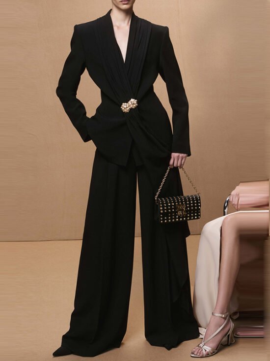 Stylish Pleated Collar Blazer And Straight Leg Pants Set
