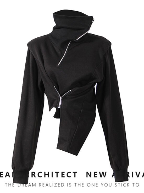 High Neck Cropped Sweatshirt With Asymmetric Hem