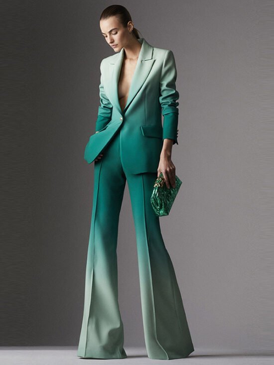 Fashionable Gradient Color Blazer And Flared Pants Set