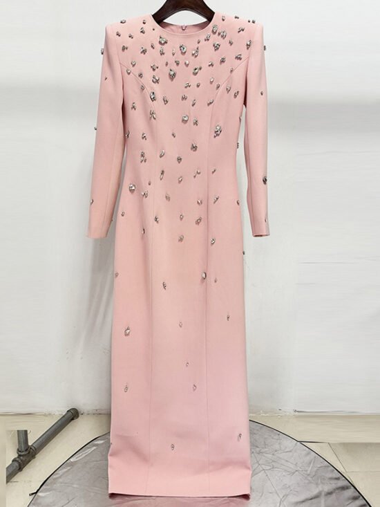 Elegant Long Sleeve A-Line Dress With Beading And Rhinestones