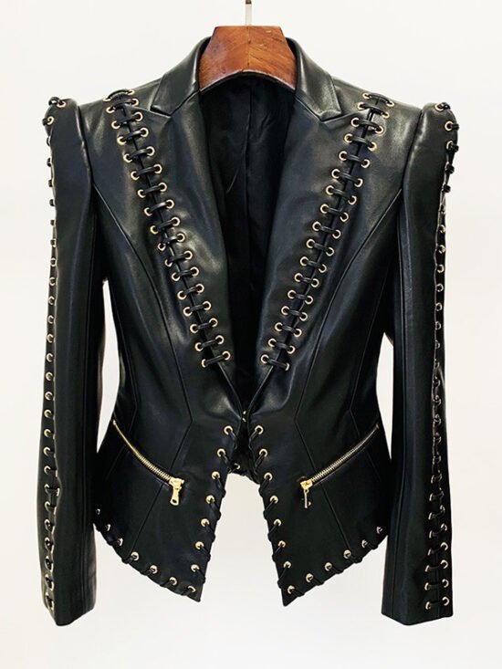 Stylish Black Pu Leather Blazer With Tie Waist