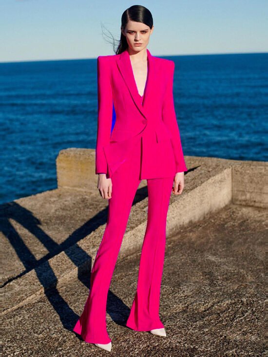 Trendy Blazer And Flared Pants Set In Fuchsia