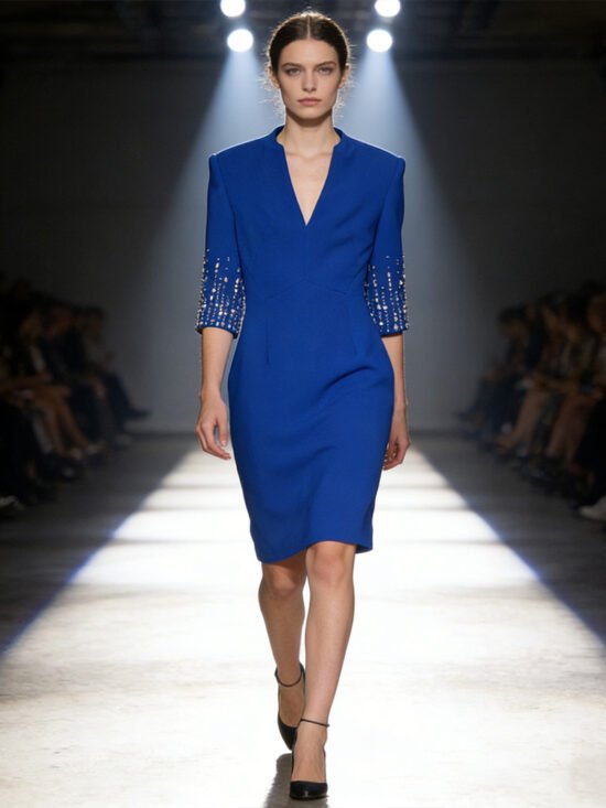 V-Neck Knee-Length Dress With Beaded Details For Parties