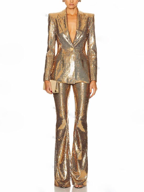 Gold Sequin Blazer And Trouser Set Stylish Two-Piece