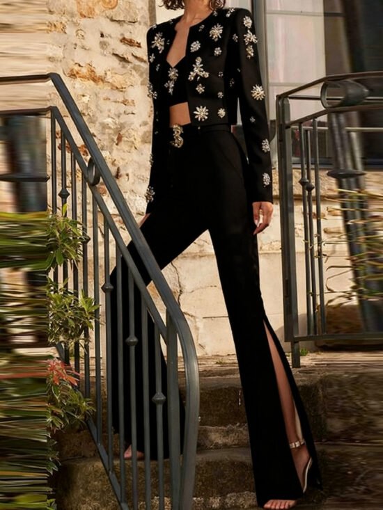 Trendy Casual Beaded Jacket And Flared Pants Set