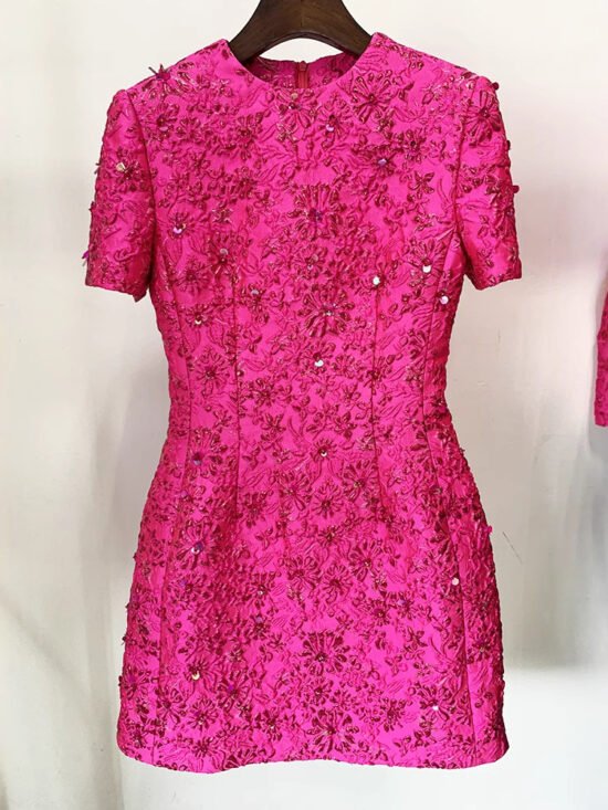 Fashionable Rose Pink Embroidered Short Sleeve Dress