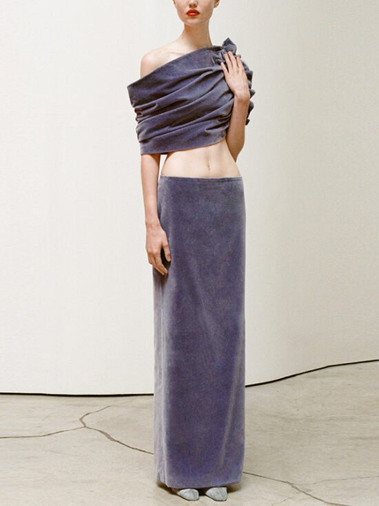 Trendy French Style Velvet Two-Piece Set With Asymmetrical Top And Skirt