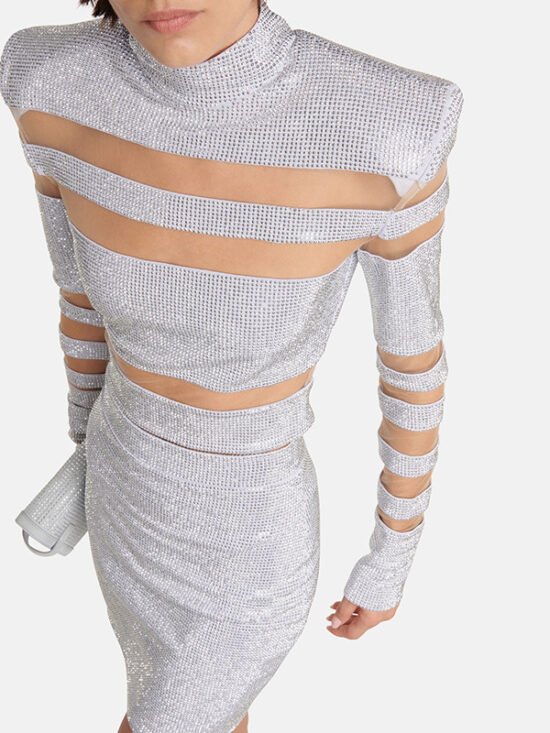 Fashionable Elegant Sequin Mesh Top And Skirt Outfit