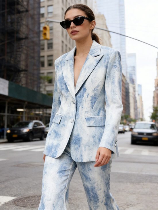 Abstract Print Cotton Blazer And Trousers Set Stylish Casual Outfit