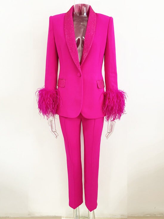 Luxury Ostrich Feather Blazer And Trouser Set