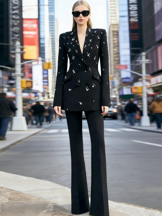 Fashionable Embellished Blazer Pantsuit With Long Sleeves
