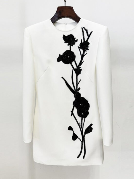 Floral Appliqué Long Sleeve Dress Elegant Gown