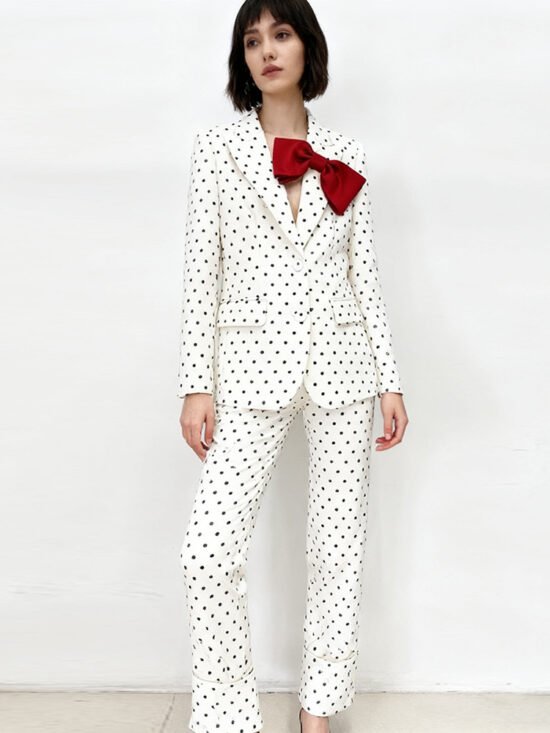 Polka Dot Blazer And Trousers Set With Bow Decoration
