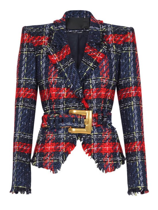 Trendy Checkered Tweed Blazer With Waist Tie