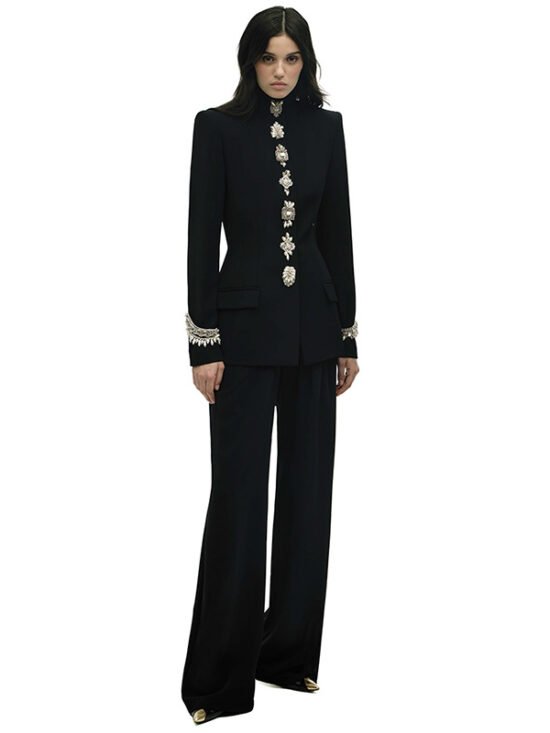 Trendy Black Beaded Jacket And Pants Set