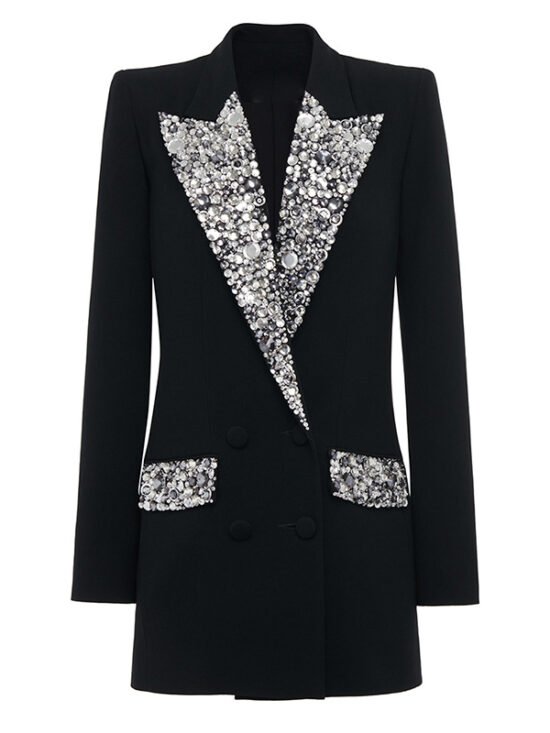 Elegant Tailored Long Blazer With Beaded Embellishments