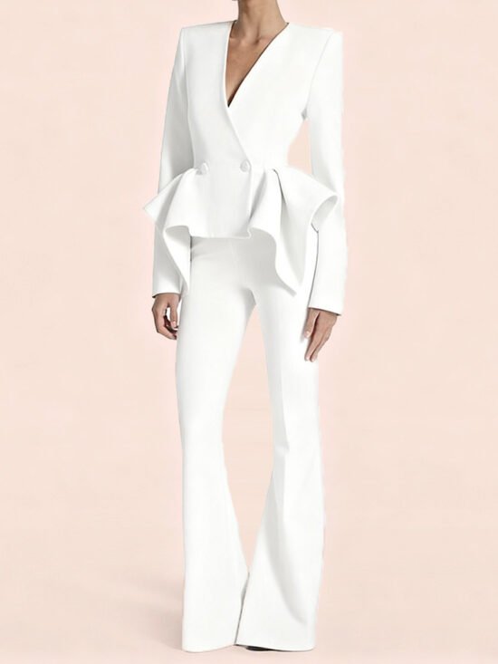 Ruffled Design Slim Fit Jacket And Palazzo Pants Set