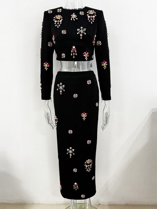 Trendy Beaded Short Sleeve Top And Long Skirt Set