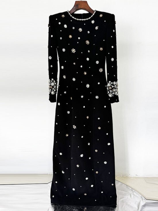 Elegant Long Sleeves Beaded Dress With Round Neck