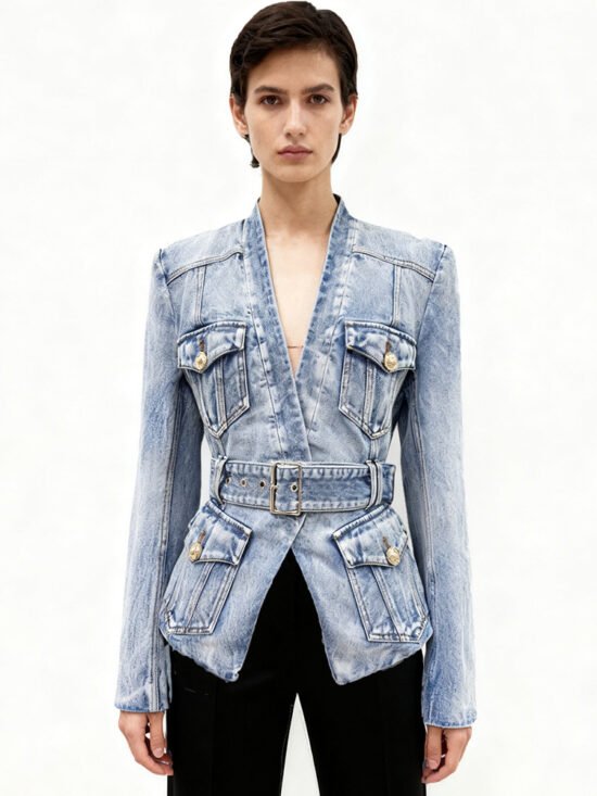 Trendy Slim-Fit Denim Blazer With Belt