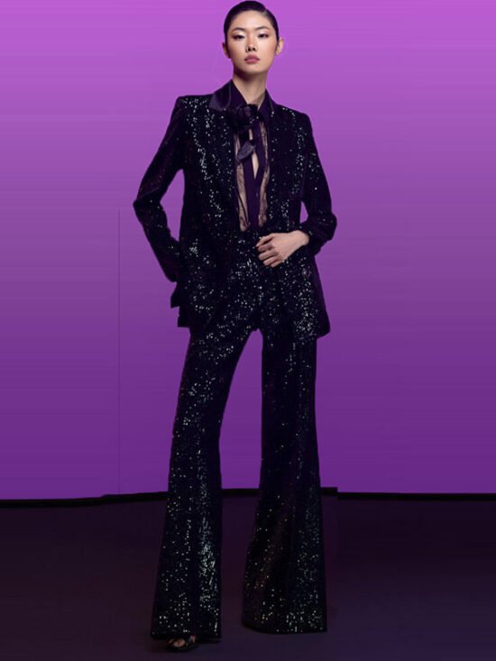 Fashionable Velvet Sequin Double-Breasted Blazer And Flared Pants Set