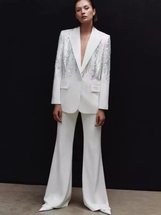Beaded Sequin Suit Set Long Pants Elegant Street Style