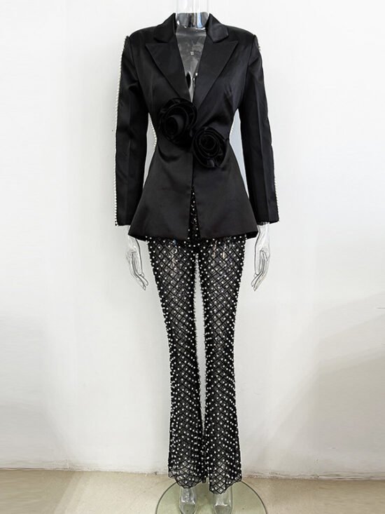Hollowed Pearl Embellished Floral Blazer And Pants Set