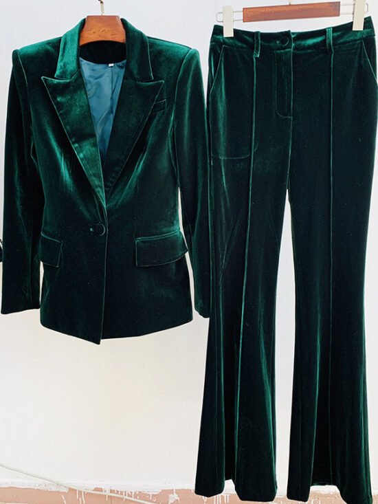 Elegant Velvet Suit Jacket And Fitted Flare Pants Set