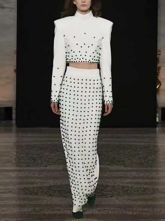 Trendy Pearl Beaded Short Sleeve Top & Long Skirt Set