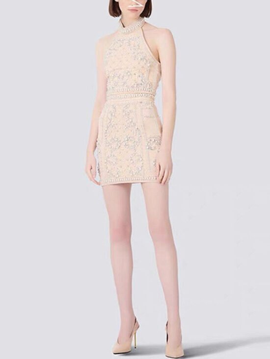 Beaded Sequin Halter Top Skirt Set Stylish Casual Outfits
